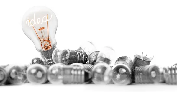 Photo Light Bulbs Heap Shining Fiber Idea Shape White Background — Stock Photo, Image