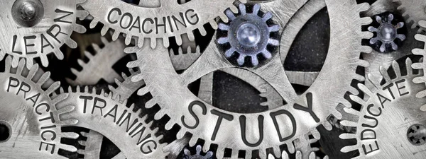 Macro photo of tooth wheel mechanism with STUDY concept related words and icons imprinted on metal surface