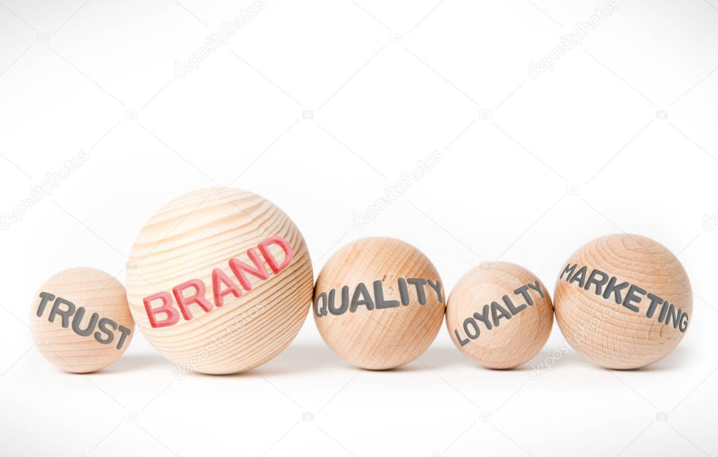 Wooden balls with BRAND concept related words imprinted on wooden surface
