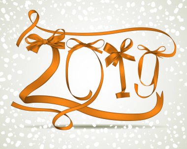 Kar yağışı ile altın şerit yeni yıl 2019 vektör çizim yapılan