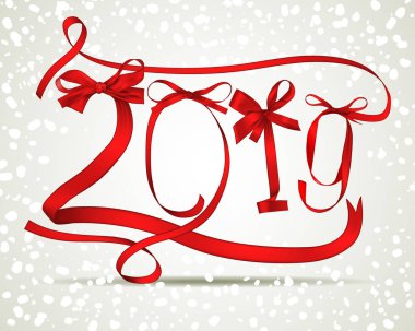 Kırmızı kurdele kar yağışı ile yeni yıl 2019 vektör çizim yapılmış