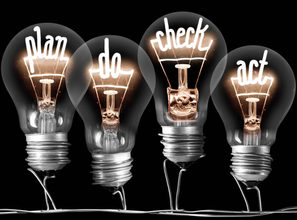 Photo of light bulb group with shining fibers in PLAN, DO, CHECK and ACT shape isolated on black background; concept of Business Process, Four Step Management
