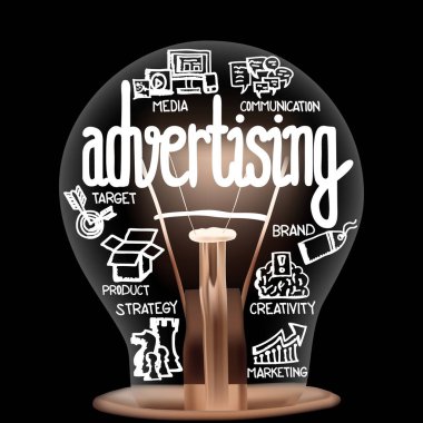 Reklam, Medya, İletişim, Brand ve Hedef konsepti şekillerinde parlayan fiberli tek bir ampulün vektör ilülasyonu siyah arkaplanda izole edildi; yatay bileşim