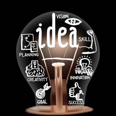 Siyah arkaplanda izole edilmiş fikir konsepti şeklinde simgeli ve parlak lifli tek bir ampulün vektör ilülasyonu.