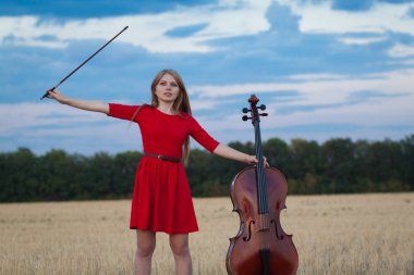 Kadın violoncellist Viyolonsel ve alanında oynamaya yay ile