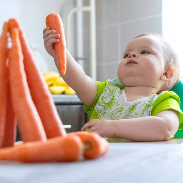 Menina Meses Idade Brincando Com Cenouras Dentro Casa Imagem De Stock