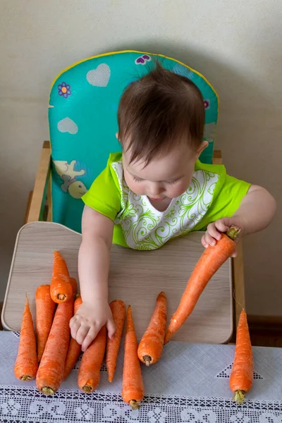 Menina Meses Idade Brincando Com Cenouras Dentro Casa Fotografia De Stock