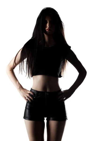 Half Silhouette Portrait Caucasian Girl Dark Hair Wearing Shorts — Stock Photo, Image