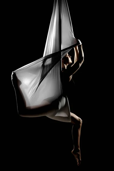 Female Posing Aerial Gravity Yoga Hammock — Stock Photo, Image