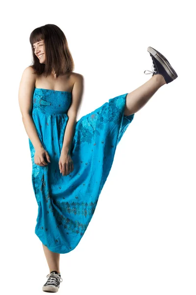 Happy Brunette Girl Standing Blue Casual Dress One Leg — Stock Photo, Image