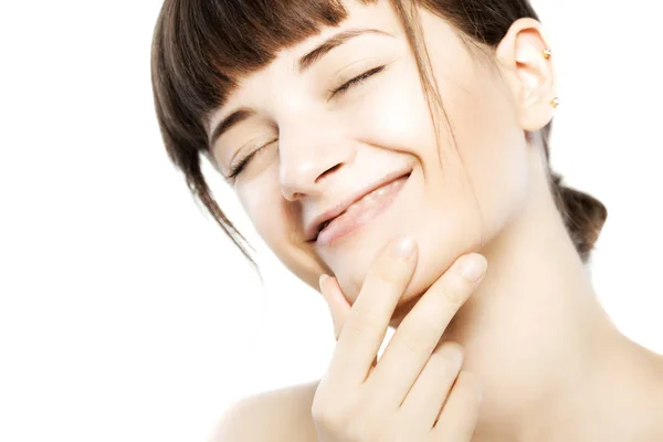 Retrato Una Hermosa Chica Feliz Con Expresión Pensamiento Feliz Cara —  Fotos de Stock