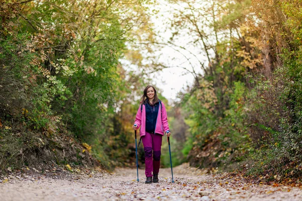 Vandrarflicka Går Mot Kameran Bred Stig Fjällen Backpacker Med Rosa — Stockfoto