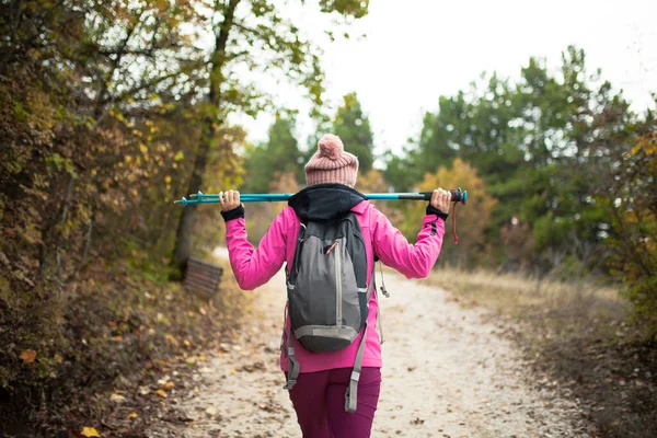ハイカーの女の子は山の中のパスを歩く 森の中でピンクのジャケットとバックパッカーのバックビュー 健康的なフィットネスライフスタイル屋外 — ストック写真