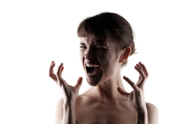 Angry Cute Girl Half Silhouette Portrait Screaming Riising Hands Isolated — Stock Photo, Image