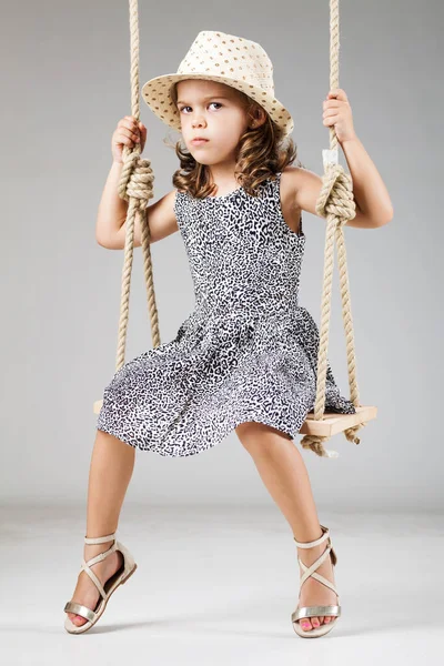 Happy Little Girl Swinging Wooden Swing — Stock Photo, Image