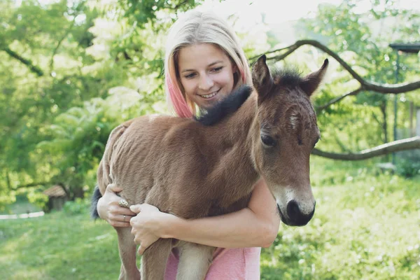 手に馬を赤ちゃん 動物の世話の概念 — ストック写真