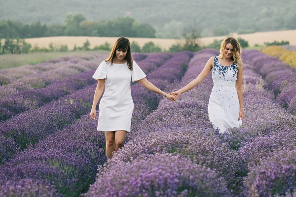 İki kadın birlikte lavanta alan yürüyüş