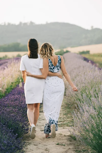 ラベンダー畑で一緒に歩いている 人の女性 — ストック写真