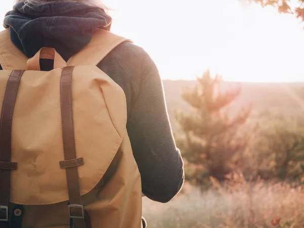 Backpacker Woman Journey Rear View Traveler Woman — Stock Photo, Image