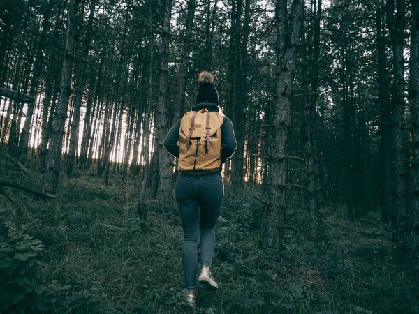 森を歩くバックパッカーの女性の後姿 — ストック写真