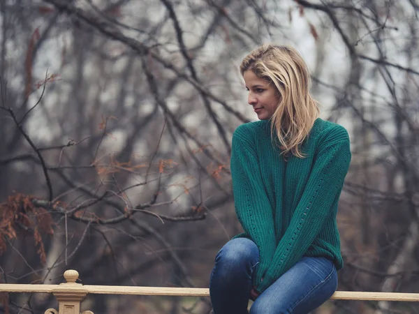 公園のフェンスの上に座って孤独女性 — ストック写真