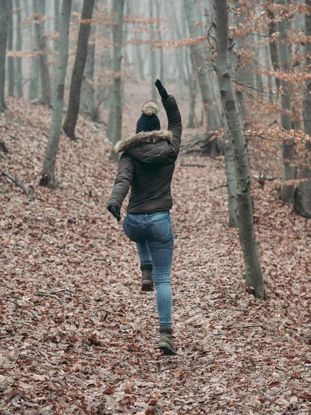 Femme Marchant Dans Forêt Voyageur Femme — Photo