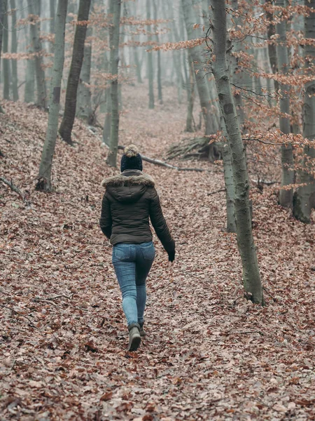 Γυναίκα Περπάτημα Στο Δάσος Γυναίκα Ταξιδιώτη — Φωτογραφία Αρχείου