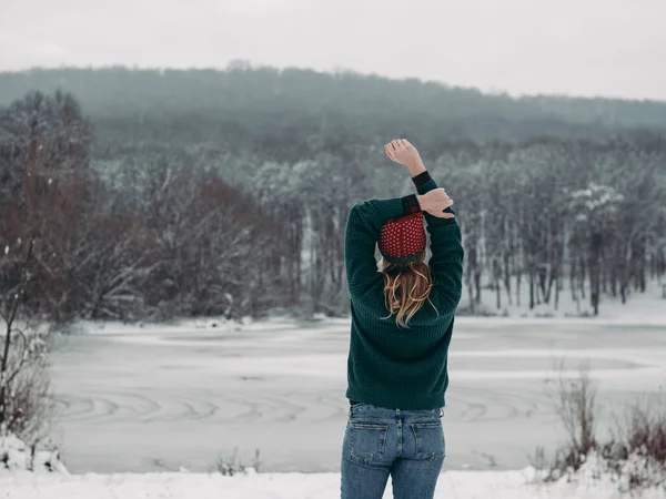 Vue Arrière Voyageur Femme Lac Gelé Dans Forêt — Photo