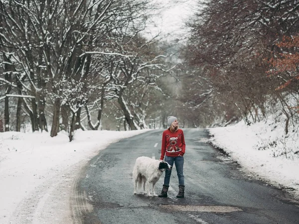 Donna Che Cammina Con Suo Dof Sulla Strada Invernale Nella — Foto Stock