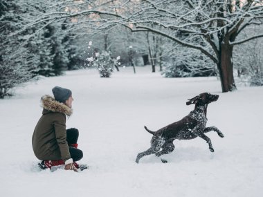 Kadın ile köpek karda oynarken