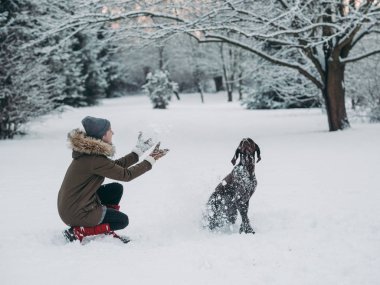 Kadın ile köpek karda oynarken