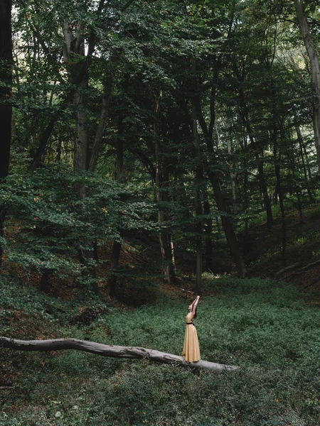 Vrouw Gele Jurk Staand Het Bos — Stockfoto