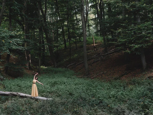 Frau Gelbem Kleid Steht Wald — Stockfoto