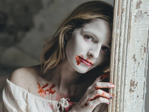 Creepy Halloween Portrait Bloody Woman — Stock Photo, Image