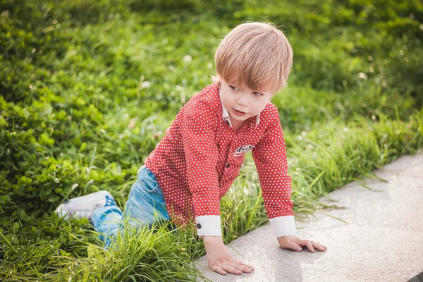 Симпатичный маленький мальчик в летний день играет и улыбается — стоковое фото