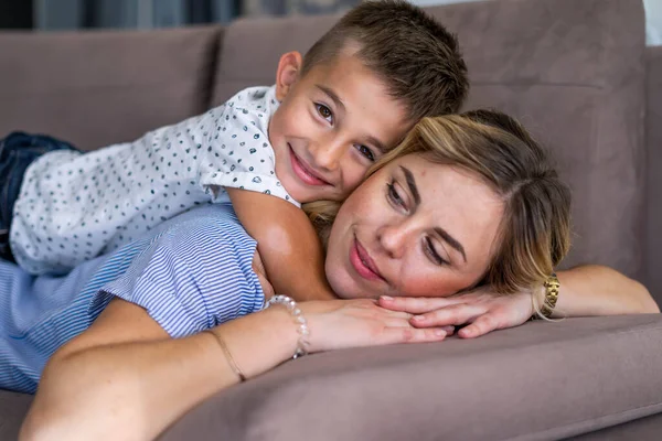 Happy mum with son at home. — Stock Photo, Image