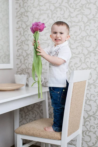 Cute baby boy with tulip — Stock Photo, Image