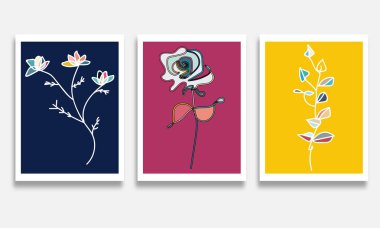 Çiçekli ve soyut elementli dört kart seti. vektör illüstrasyonu.