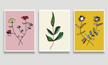 Modern soyut çiçek çizimleri seti. Tasarım, kartpostal, kapak, broşür, poster veya kapak için vektör çizimleri.