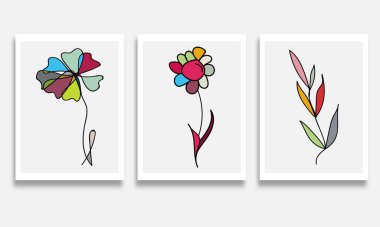 Renkli çiçekler ve bitkilerle dolu dört çiçek kartı.