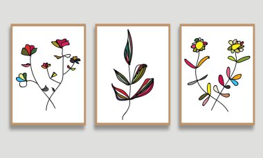 Soyut el çizimi çiçek seti. Botanik çiçek vektör çizimi. Çiçekli mürekkep sanatı. Çiçek çizimi, sanat..