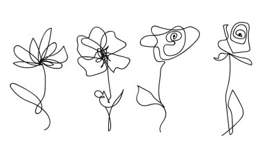 Bir dizi soyut el çizilmiş çiçek elementleri