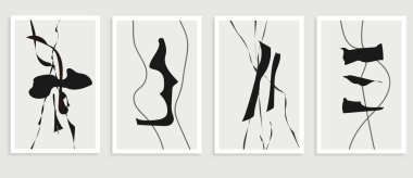 Elle çizilmiş siyah fırça çizgileri ve sanatsal mürekkep şekilleriyle soyut siyah mürekkep pankartı. Minimum poster şablonu. asgari sanat arkaplanı