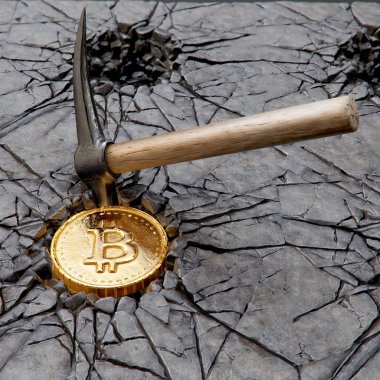 Nisan 2018: Bitcoin araştırma kavramı ile kazma. 3D çizim