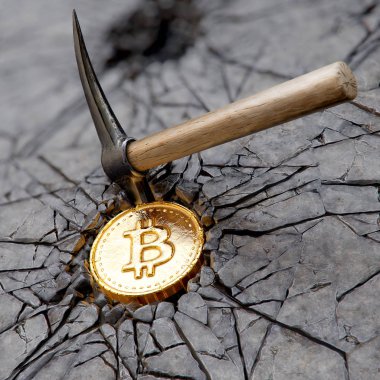 Nisan 2018: Bitcoin araştırma kavramı ile kazma. 3D çizim