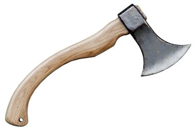 Beyaz arka planda izole edilmiş tahta saplı eski bir balta. 3d illüstrasyon.