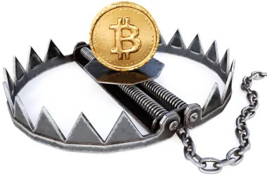 Nisan 2018: Bitcoin tuzağına beyaz arka plan altın kripto para sikke. Kripto para birimi finansal tuzak kavramı. 3D render.
