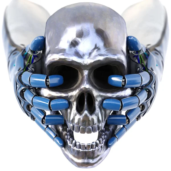 Mano Del Robot Mantiene Cráneo Humano Metal Aislado Sobre Fondo — Foto de Stock