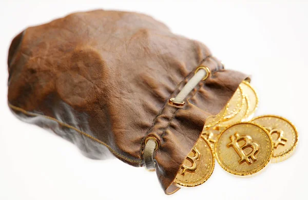 Απρίλιο Του 2018 Νομίσματα Του Bitcoin Μια Δερμάτινη Θήκη Απομονωμένα — Φωτογραφία Αρχείου