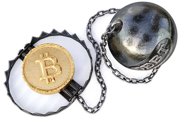 April 2018 Gold Kryptowährungsmünze Bitcoin Der Falle Auf Weißem Hintergrund — Stockfoto